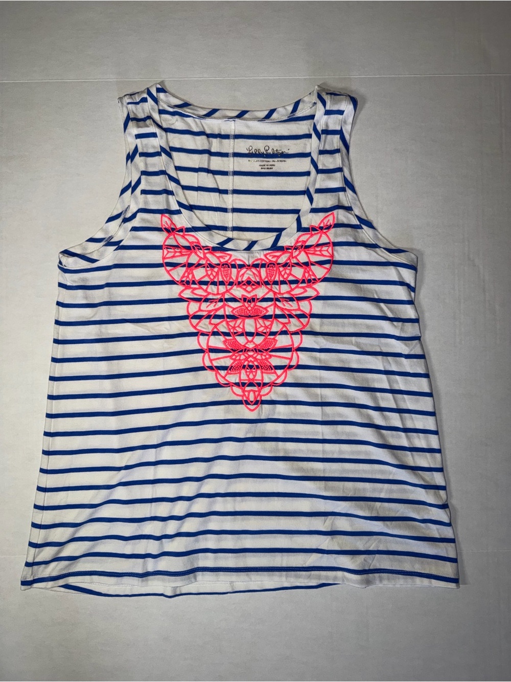 Lilly Pulitzer White & Blue Striped Tank with Neon Pink Crochet Front